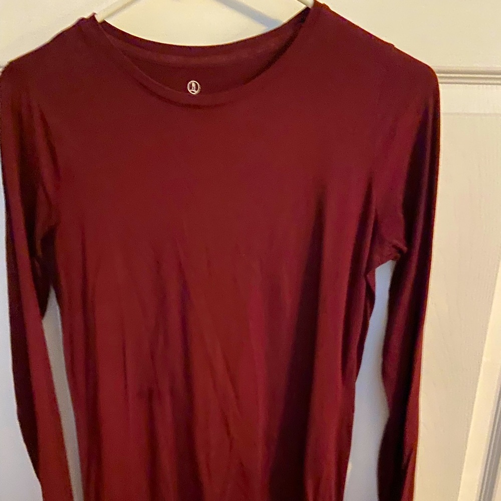 Lands’ End long sleeve tee, burgundy/maroon/cranberry color.